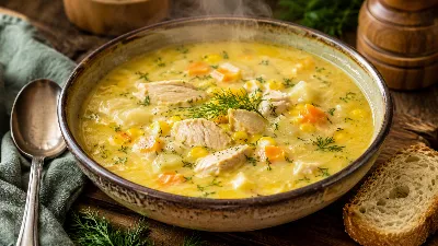 Простой в приготовлении, но очень эффектный на вкус: сырный суп с куриным филе и консервированной кукурузой понравится даже привередливым едокам