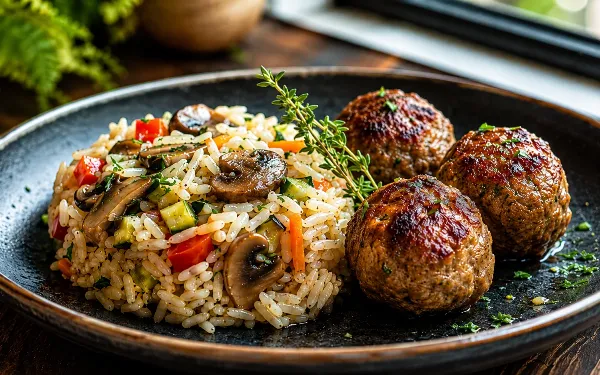 Ужин-выручалочка: готовим ароматный рис с шампиньонами и мясными тефтелями в одной сковороде