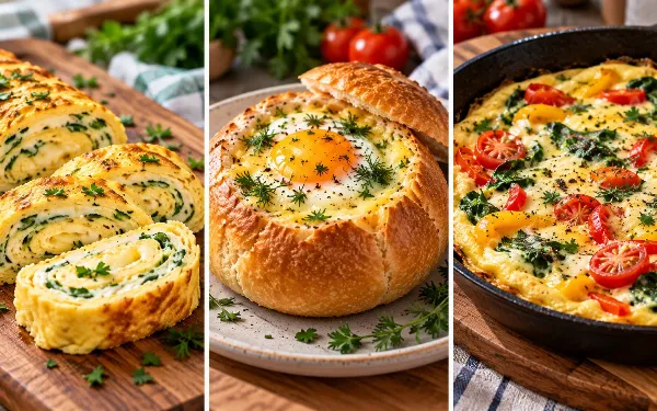 Когда хочется вкусно с утра — 3 идеальных завтрака за 10 минут: омлет-рулет, яйцо в булке и овощной микс