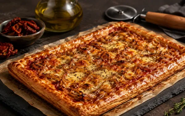 Экономим со вкусом: рецепт бюджетного слоёного тарта с луком и томатным соусом для всей семьи