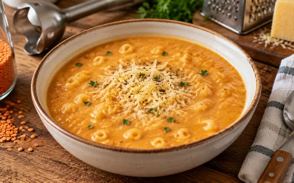 Вместо лапши и борща — суп-пюре из чечевицы с макаронами и сыром: семья съедает три тарелки, и второго не надо