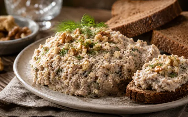 Идеален под ржаные гренки: готовим нежный форшмак с орехами на сметане для большой компании
