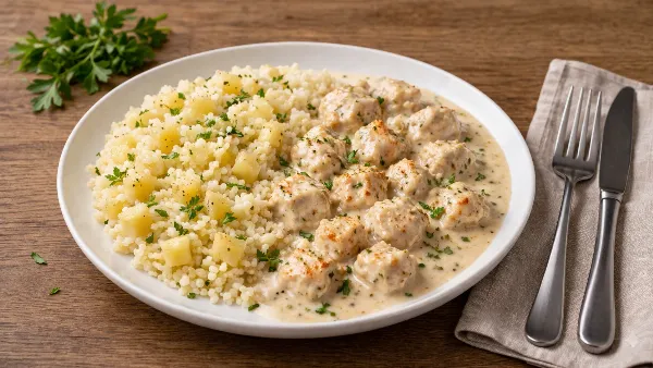 Жарю картошку с рисом в одной сковороде и заливаю сливочной курицей — необычно, но обалденно вкусно