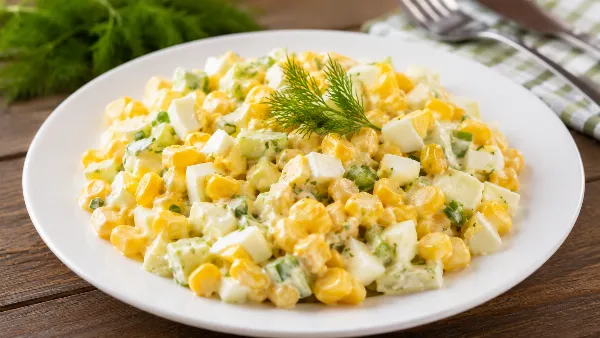 Простой салат с кукурузой и яйцами: 5 минут — и вкусный перекус готов. Легкий, яркий и очень аппетитный - рецепт