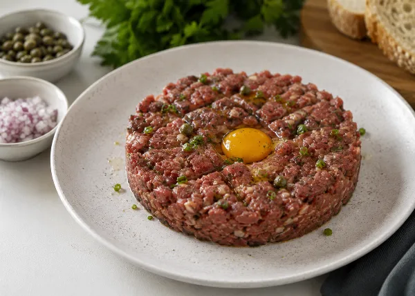 Настоящий мужской ужин: бифштекс по‑татарски. Рубленое мясо, желток, горчица — просто и невероятно вкусно