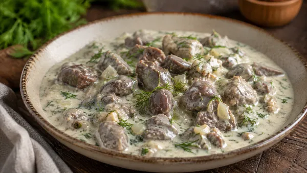 Готовлю из простых продуктов настоящий кулинарный хит: куриные потрошки под сметанным соусом покоряют всю семью своей нежностью и аппетитным видом