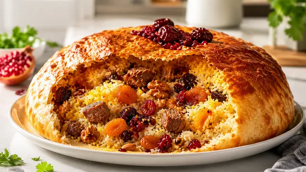 Шах-плов по-азербайджански. Выглядит как торт, а по вкусу — восточная сказка: говядина, рис и сухофрукты под лавашом