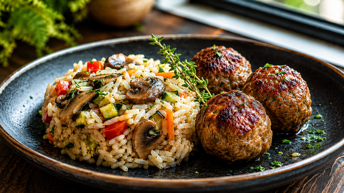 Ужин-выручалочка: готовим ароматный рис с шампиньонами и мясными тефтелями в одной сковороде