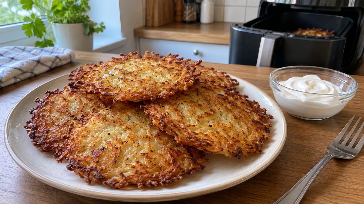 Картофельные оладьи больше не купаю в масле на плите: запекаю прямо на пергаменте в аэрогриле — очень хрустящие