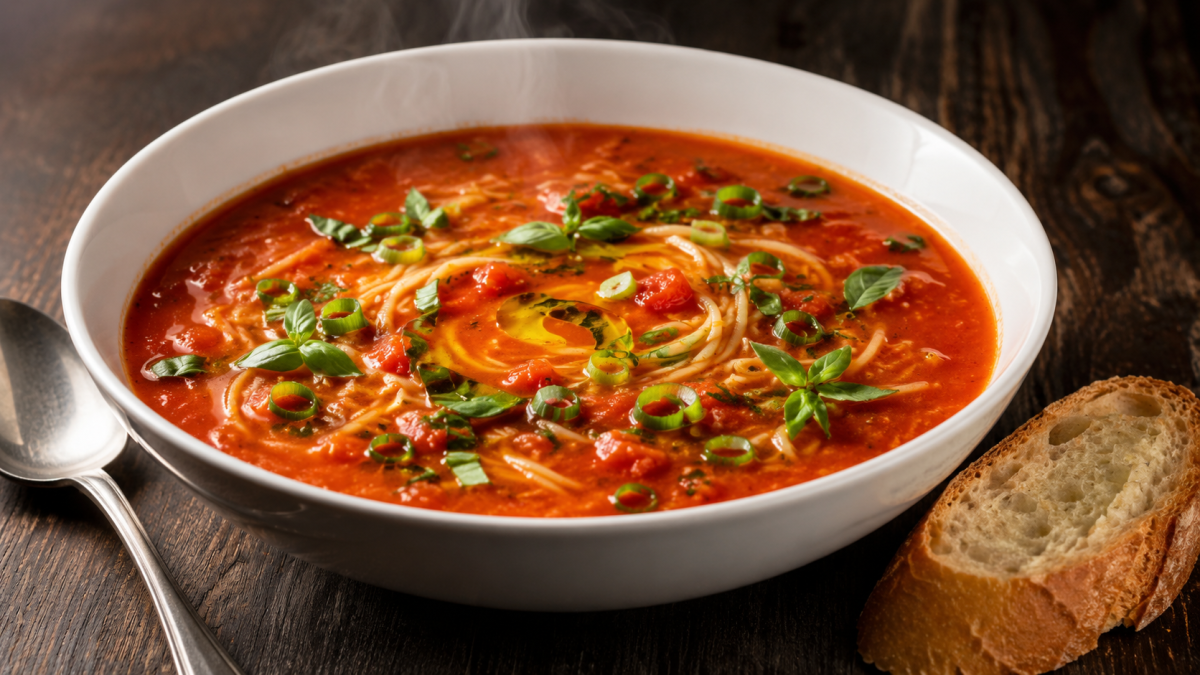 Когда в кармане пусто, а хочется вкусно: готовим бюджетный томатный суп с вермишелью и зелёным луком