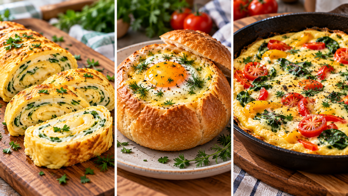 Когда хочется вкусно с утра — 3 идеальных завтрака за 10 минут: омлет-рулет, яйцо в булке и овощной микс
